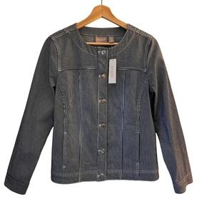 Chico's Heritage NWT Denim Railroad Stripe Jacket Women Size O Navy Workwear